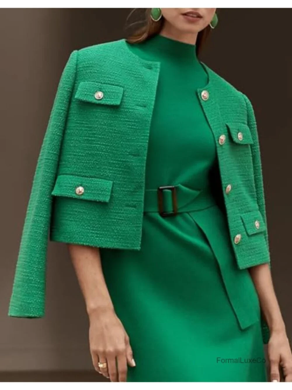 Cropped Tweed Blazer Jacket - Collarless Business Casual Blazers for Women